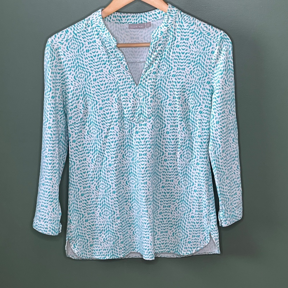 Ellie Kai Women Teal White Abstract Print Split Neck Tunic Top Size 2 3/4 Sleeve
